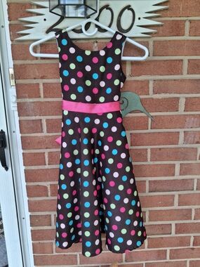 Miss Attitude Brown & Colorful Polka Dot Ruffle Party Dress - Size 7